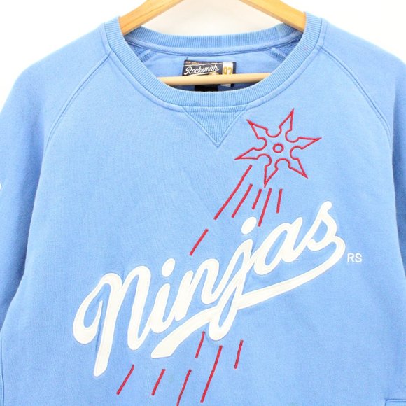 Vintage Rocksmith Crewneck Sweatshirt Mens Blue Embroidered Ninjas L 90's - Picture 2 of 9
